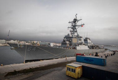 231005-N-GF955-1225 AZORES, PORTUGAL (Oct. 5, 2023) The Arleigh Burke-class guided-missile destroyer USS Carney (DDG 64) moors in Azores, Portugal during a brief stop for fuel, Oct. 5, 2023. Carney is on a scheduled deployment in the U.S. Naval Forces Europe area of operations, employed by the U.S. 6th Fleet, and U.S. 5th Fleet to defend U.S., allied and partner interests. (U.S. Navy photo by Mass Communication Specialist 2nd Class Aaron Lau)