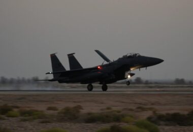 A U.S. Air Force F-15E Strike Eagle assigned to the 494th Expeditionary Fighter Squadron lands in the U.S. Central Command area of responsibility, Oct. 13, 2023. The Strike Eagles will bolster the U.S. defensive posture and enhance air operations throughout the Middle East. (U.S. Air Force photo by Airman 1st Class Josephine Pepin)