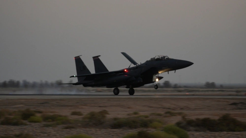 A U.S. Air Force F-15E Strike Eagle assigned to the 494th Expeditionary Fighter Squadron lands in the U.S. Central Command area of responsibility, Oct. 13, 2023. The Strike Eagles will bolster the U.S. defensive posture and enhance air operations throughout the Middle East. (U.S. Air Force photo by Airman 1st Class Josephine Pepin)