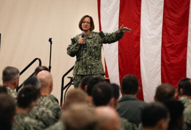 NAVAL STATION MAYPORT, Fla. - (October 11, 2023) Adm. Lisa Franchetti, Vice Chief of Naval Operations, addresses Sailors questions at an all hands call during a scheduled visit to Naval Station Mayport, Oct. 11, 2023. Naval Station Mayport is the largest operational command in Navy Region Southeast. (U.S. Navy photo by Mass Communication Specialist 1st Class Brandon J. Vinson)