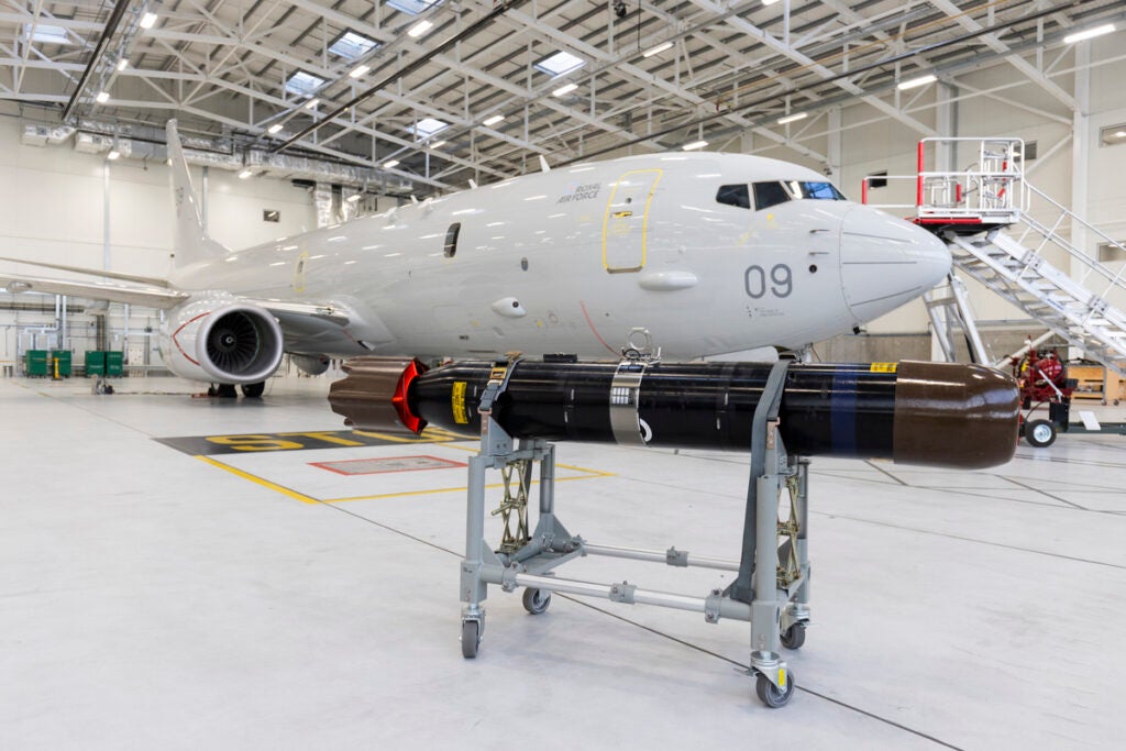 A Sting Ray Mod 1 anti-submarine warfare torpedo with a Royal Air Force Poseidon MRA1 maritime patrol aircraft (Royal Air Force)