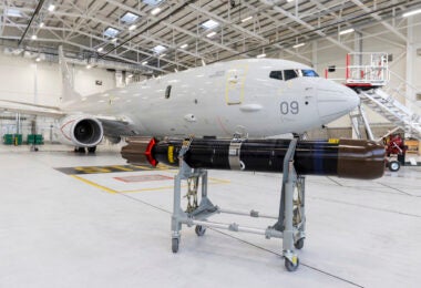 A Sting Ray Mod 1 anti-submarine warfare torpedo with a Royal Air Force Poseidon MRA1 maritime patrol aircraft (Royal Air Force)