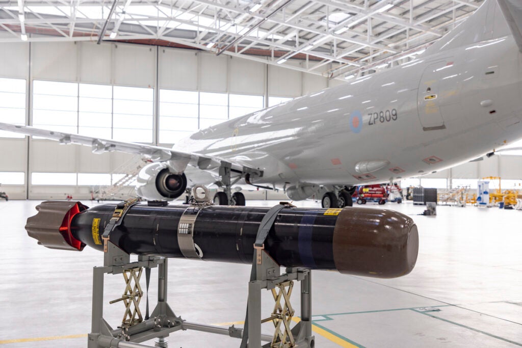 A Sting Ray Mod 1 anti-submarine warfare torpedo with a Royal Air Force Poseidon MRA1 maritime patrol aircraft (Royal Air Force)