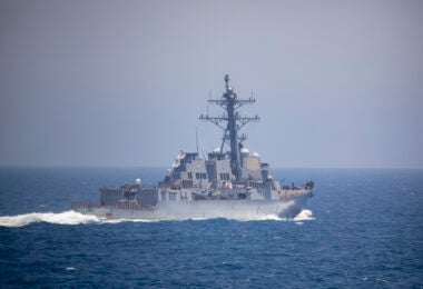 The Arleigh burke-class guided-missile destroyer USS Mason (DDG 87) sails in the Atlantic Ocean June 27, 2023. The ship, as part of the Dwight D. Eisenhower Carrier Strike Group, is underway in the Atlantic Ocean participating in the Carrier Strike Group Four Composite Training Unit Exercise (COMPTUEX). COMPTUEX is an intense, multi-week exercise designed to fully integrate a carrier strike group as a cohesive, multi-mission fighting force and to test their ability to carry out sustained combat operations from the sea. (U.S. Navy photo by Mass Communication Specialist 2nd Class Keith Nowak)