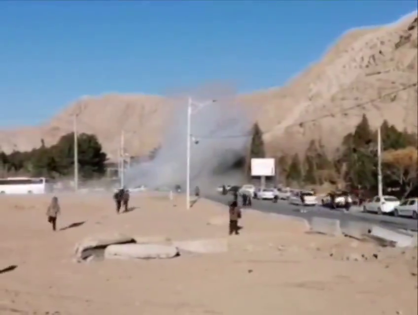 Frame from a social media video showing what is purportedly people fleeing the scene of an explosion at a memorial ceremony for Qasem Soleimani, January 3 2024