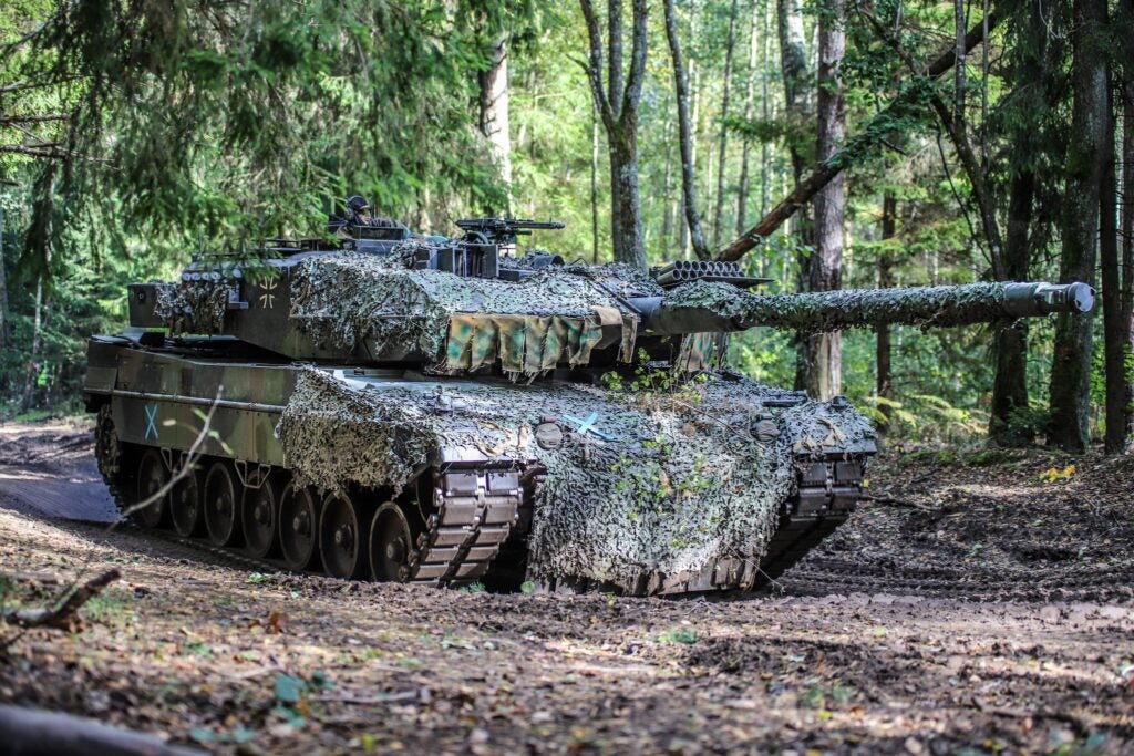 A German Leopard 2 with NATO's Enhanced Forward Presence Battle Group Lithuania on exercise (NATO EFP BG Lithuania)