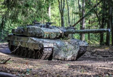 A German Leopard 2 with NATO's Enhanced Forward Presence Battle Group Lithuania on exercise (NATO EFP BG Lithuania)