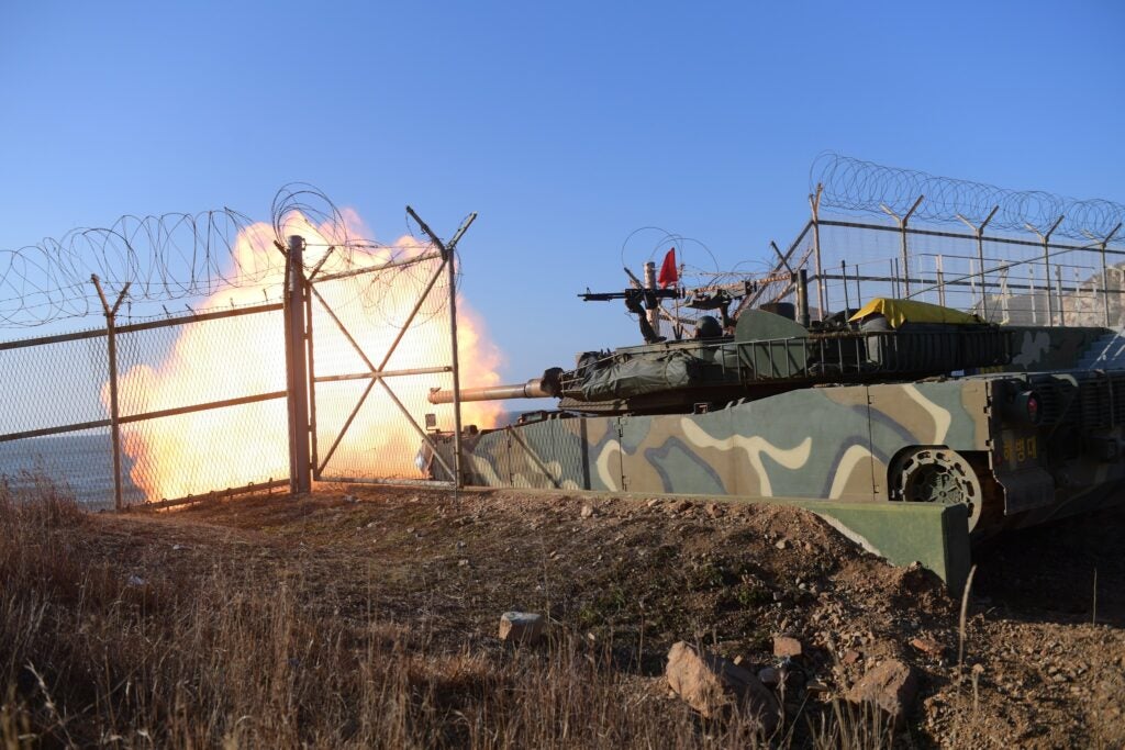 A Republic of Korea Marine Corps K1 main battle tank fires during a January 5 live-fire exercise conducted in response to North Korea's shelling of a buffer zone (South Korean Defense Ministry)