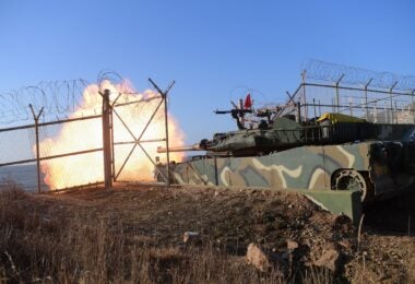 A Republic of Korea Marine Corps K1 main battle tank fires during a January 5 live-fire exercise conducted in response to North Korea's shelling of a buffer zone (South Korean Defense Ministry)