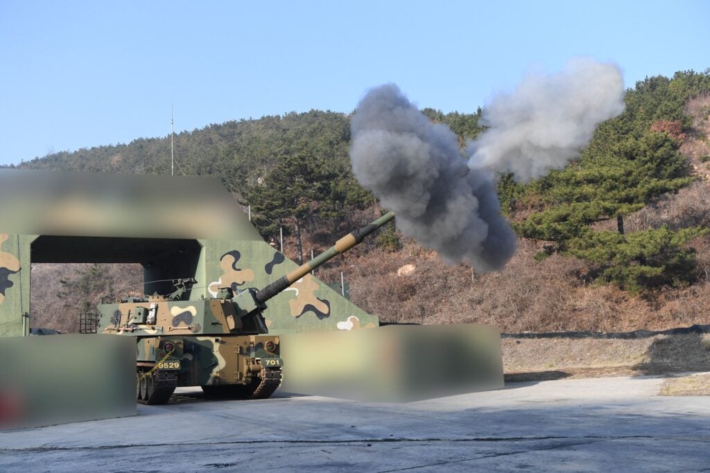 A Republic of Korea Marine Corps K9 self-propelled howitzer fires during a January 5 live-fire exercise conducted in response to North Korea's shelling of a buffer zone (South Korean Defense Ministry)