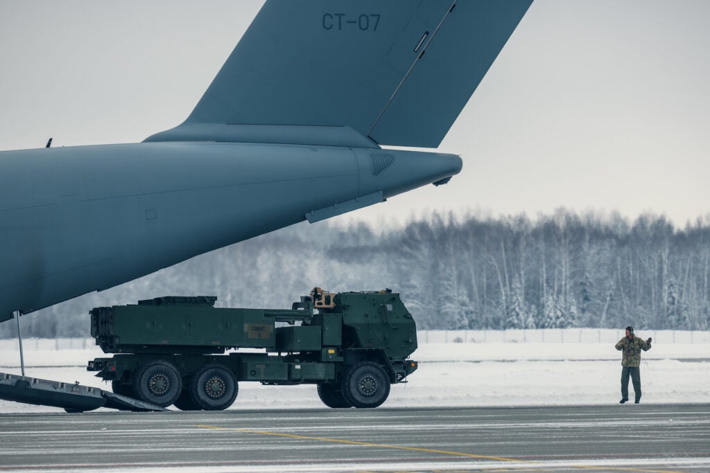 A US Army HIMARS unloads from a Belgian A400M during Exercise Winter Shield (Latvian Ministry of Defence/squrzh. Gatis Indrevic srž. Ēriks Kukutis)