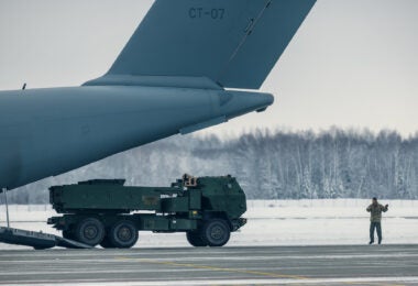 A US Army HIMARS unloads from a Belgian A400M during Exercise Winter Shield (Latvian Ministry of Defence/squrzh. Gatis Indrevic srž. Ēriks Kukutis)