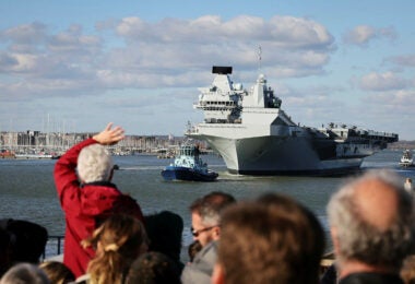 Families wait on the Round Tower as HMS Prince of Wales leaves to deploy on Exercise Steadfast Defender. On the 12th of February 2024 HMS Prince of Wales (R09) one of the Royal Navy's Aircraft Carriers left its homeport in Portsmouth to take part in NATO Exercise Steadfast Defender working with NATO Partners off the coast of Norway.