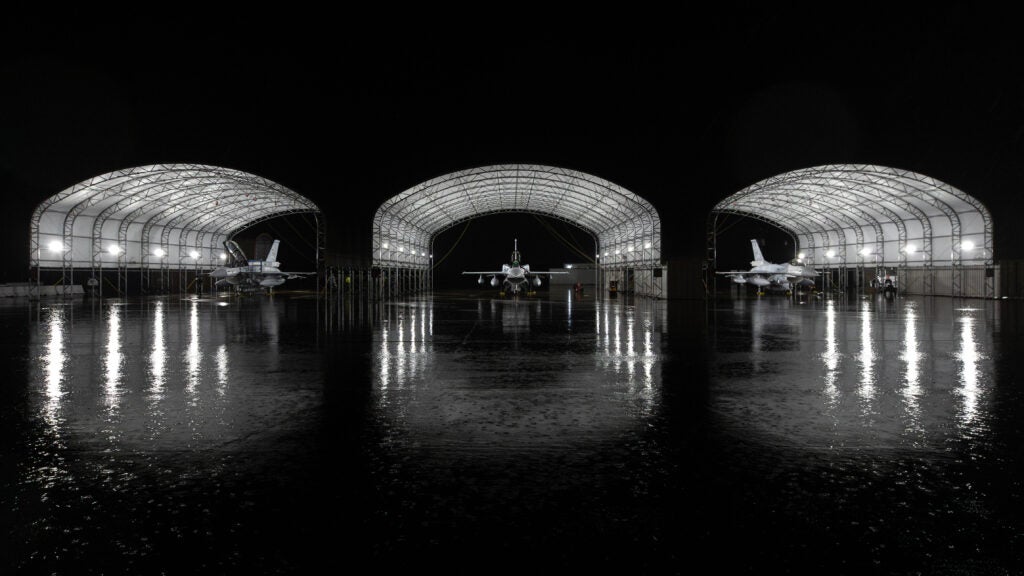 Three F-16 Block 70 fighter jets prepare for their ferry flight to Bahrain, awaiting departure from Greenville, South Carolina on March 6, 2024 (Lockheed Martin)