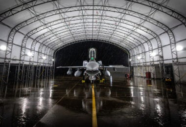 Pre-flight checks are completed on Bahrain's F-16 Block 70 single-seat fighter jet in preparation for its ferry flight from Greenville, South Carolina to Bahrain on March 6, 2024. (Lockheed Martin)