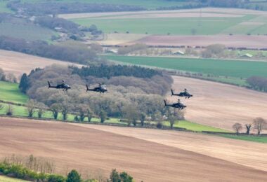 4 Regiment AAC performing a final fly past for the Mk1 Apache photographed at Middle Wallop UK on the 25/03/2024 to spread the news of the new Apache E Model which is replacing it. (Crown Copyright)