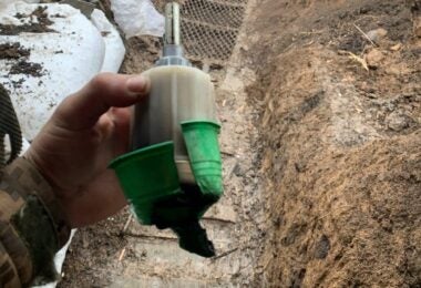 A Russian K51 tear gas grenade found by Ukrainian border guards in Donetsk in November 2022 (State Border Service of Ukraine)