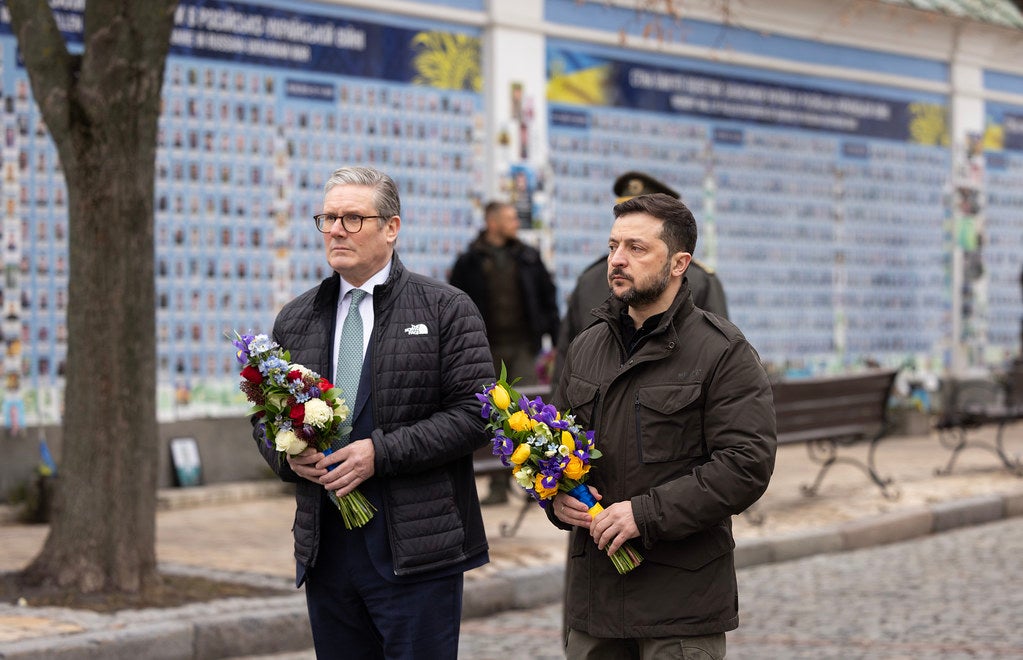 16/01/2025. Kyiv, Ukraine. Prime Minister Keir Starmer visits a Memorial Wall with President of Ukraine Volodymyr Zelenskyy as he visits Ukraine. Picture by Simon Dawson / No 10 Downing Street