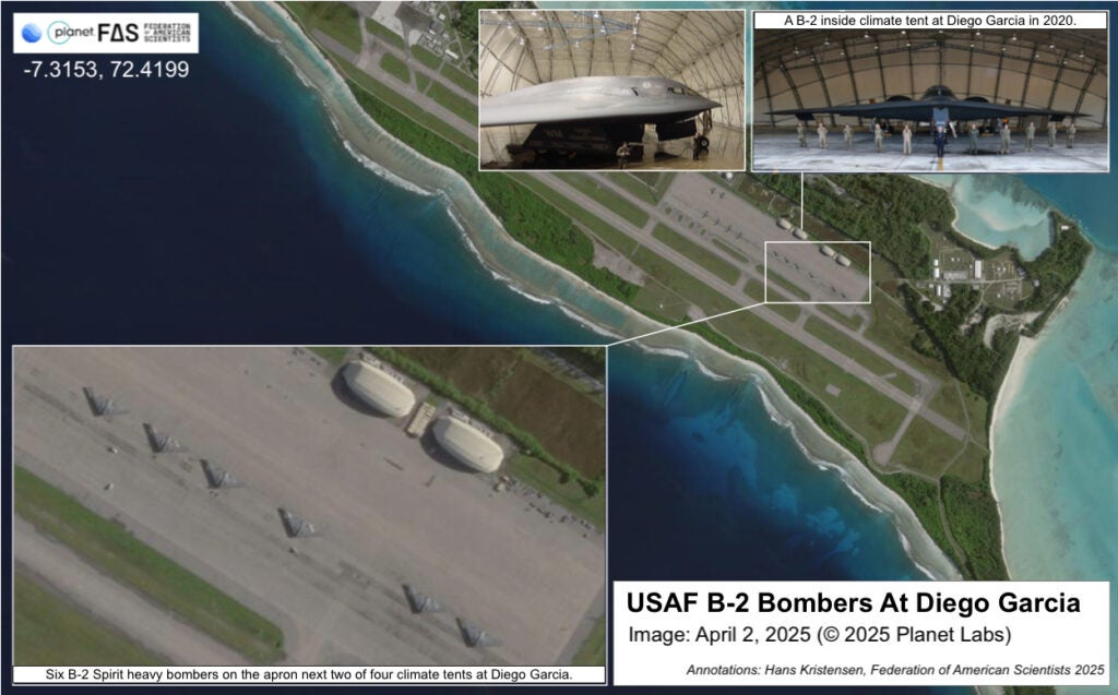 Federation of American Scientists graphic annotating six B-2s seen in a satellite photograph of the base