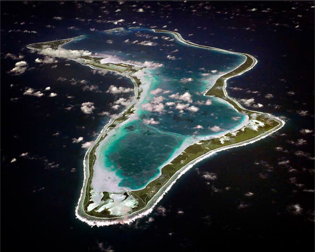 An aerial view of Diego Garcia, the small installation winner of the Commander, Navy Region Japan Installation Excellence Award. (U.S. Navy photo/Released)