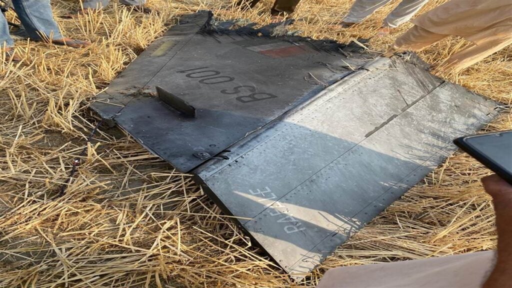 A photograph of what is claimed to be the remains of the tailfin of Dassault Rafale BS001, the Indian Air Force's first Rafale
