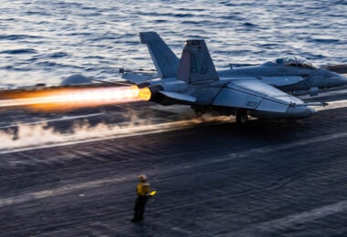 250505-N-JJ537-3167 U.S. CENTRAL COMMAND AREA OF RESPONSIBILITY (May 5, 2025) An F/A-18F Super Hornet, attached to Strike Fighter Squadron (VFA) 11, launches from the flight deck of the Nimitz-class aircraft carrier USS Harry S. Truman (CVN 75) during flight operations in the U.S. Central Command area of responsibility. (Official U.S. Navy photo)