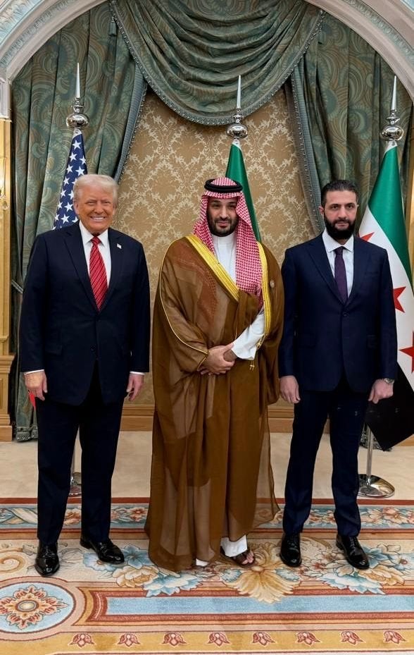 Left to right: President of the United States Donald Trump, Crown Prince of Saudi Arabia Mohammed bin Salman, and Syrian President Ahmed al-Sharaa (Saudi Press Agency)