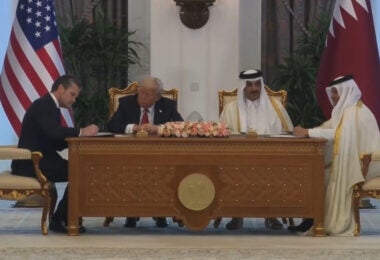Secretary of Defense Pete Hegseth signs a statement of intent on US-Qatar military cooperation on May 14 (Department of Defense)