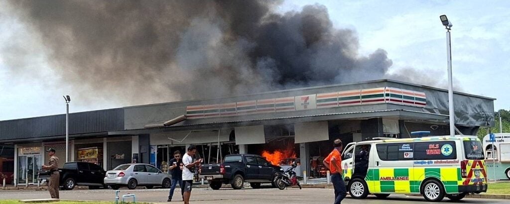 A 7 Eleven in Thailand burns after being struck by Cambodian artillery fire on July 24, 2025 (Royal Thai Army handout)