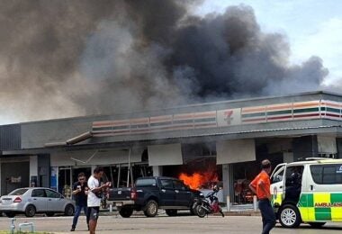 A 7 Eleven in Thailand burns after being struck by Cambodian artillery fire on July 24, 2025 (Royal Thai Army handout)