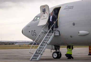 German defense minister Boris Pistorius with a RAF Poseidon during an October 23, 2025 visit to RAF Lossiemouth (UK MoD)
