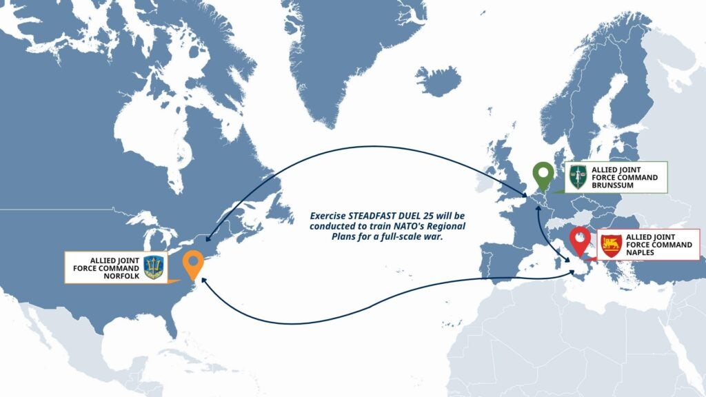 NATO graphic showing the three Joint Forces Command headquarters participating in Steadfast Duel 2025 (NATO Joint Warfare Centre)
