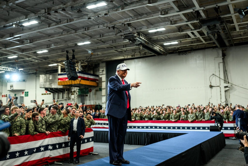 President Donald J. Trump speaks to troops aboard the USS George Washington in Yokosuka, Japan. (The White House)