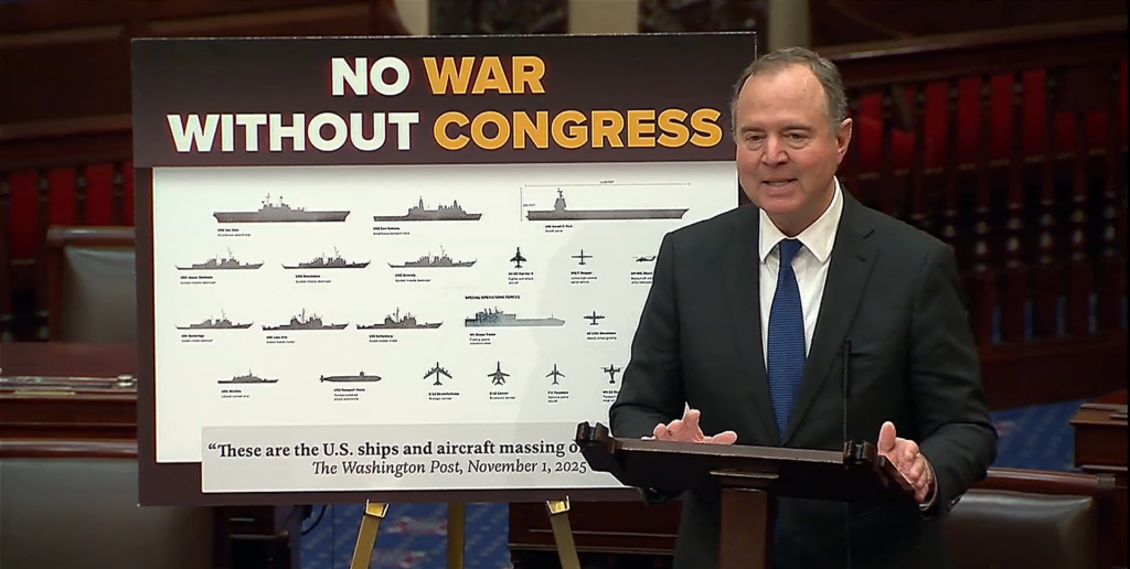 Senator Adam Schiff speaks November 6 ahead of a War Powers Resolution vote on whether to require President Donald Trump seek congressional approval for continued military action against Venezuela (Office of Sen. Adam Schiff)